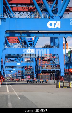 27. April 2022, Hamburg: Container-Portalkrane auf dem Gelände des HHLA Container Terminal Altenwerder (CTA). Foto: Jonas Walzberg/dpa Stockfoto