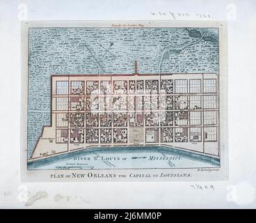 Plan von New Orleans, der Hauptstadt von Louisiana. Orientiert mit Norden nach rechts oben. Ca. 1761. Stockfoto