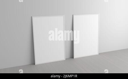 Aufbau von zwei vertikalen Rahmen auf dem Boden in weißem Innenraum. 3D Rendern Stockfoto