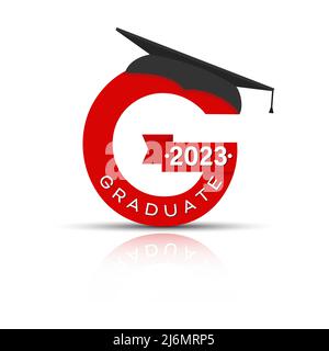 Stilisierter Buchstabe G mit der Aufschrift Graduate 2023 und der Graduiertenmütze. Einfaches Stock-Design isoliert auf weißem Hintergrund für Design und Dekoration Stock Vektor