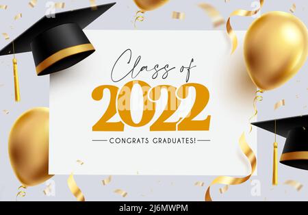 Design der Grußformel mit Graduierung. Herzlichen Glückwunsch Absolventen Text in Whiteboard Raum mit 3D Mortarboard Kappe, Ballons und Gold Konfetti für den Unterricht. Stock Vektor