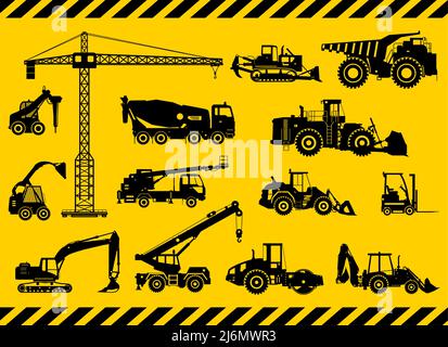 Silhouette Illustration von schweren Baumaschinen und Bergbaumaschinen. Maschinen bauen. Sonderausrüstung. Vektorgrafik Stock Vektor