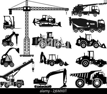 Silhouette Illustration von schweren Baumaschinen und Bergbaumaschinen. Baumaschinen. Sonderausrüstung. Vektorgrafik Stock Vektor