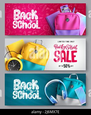 Back to School Vektor-Bannerset. Back to School Sale Text mit pädagogischen Artikeln von Taschen und Notizbuchelemente für pädagogische Promo-Rabatt. Stock Vektor
