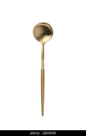 Kleiner runder goldener Löffel isoliert auf weißem Hintergrund. Draufsicht. Teelöffel aus Metall Stockfoto