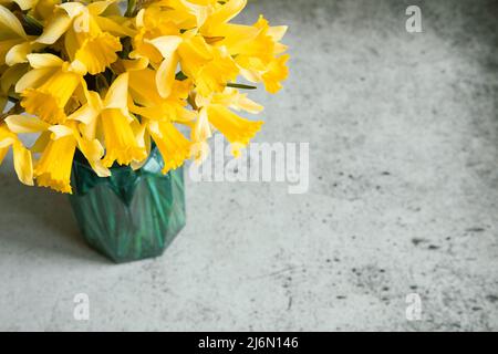 Erstaunlicher Hintergrund mit gelben Strauß Narzissen in einer Vase auf einem grauen Betongrund. Schöne Grußkarte zum Muttertag, Ostern, Frauen Stockfoto