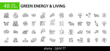 Symbole für grüne Energie, Ökologie, Klimawandel und Nachhaltigkeit gesetzt. 48 Pixel Perfect Line Art-Symbole Stock Vektor