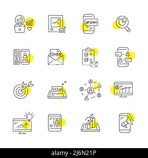 Symbole im Zusammenhang mit SMM Social Media Marketing und Content Management. Content-Pläne, Datenanalyse. Pixel Perfect, bearbeitbare Strichsymbole eingestellt Stock Vektor