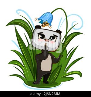 Niedliches Baby Panda, Bär auf Blumenwiese. Lustiges Tierkind. Illustration für Kinder. Sommer schöne Landschaft. Isoliert auf weißem Hintergrund. Vektor. Stock Vektor