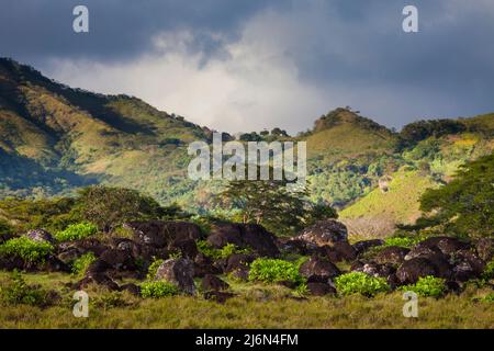 Panama Berglandschaft mit Hügeln, vulkanischen Felsen, Wald und grünen Feldern im Abendlicht in der Nähe von La Pintada, Provinz Cocle, Republik Panama. Stockfoto