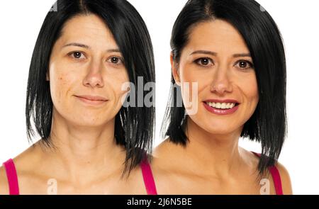 Vergleichsporträt einer Frau ohne und mit Make-up auf weißem Hintergrund Stockfoto