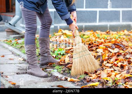 An einem Herbsttag fegt eine Frau mit einem Besen in den Händen die gefallenen gelben Blätter in ihrem Hof. Stockfoto