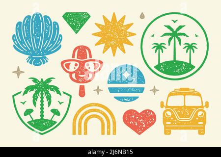 Sommer Symbole und Objekte setzen Vektor-Illustration. Tropische Insel mit Palmen und Sonnenschirmen und PKW. Abstrakte Symbole von Regenbogen und h Stock Vektor