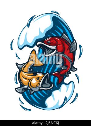 Cartoon Fisch Maskottchen oder Fischerei Sport Tattoo mit großen Fischen in Meereswelle, Vektor-Emblem. Aggressive Thunfisch-, Forellen- oder Karpfen- und Zander-Fische kämpfen, Maskottchen-Abzeichen für Sportverein oder Mannschaftsspieler Maskottchen Stock Vektor