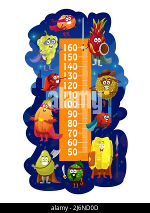 Kinder Höhendiagramm mit Cartoon Früchte Superhelden, Vektor Wachstum Maß Meter. Baby groß Größe Lineal mit Cartoon Superhelden Zeichen Papaya, Pitaya und Kirschen Früchte als Wächter und Verteidiger Stock Vektor