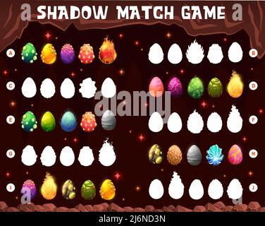 Cartoon Dinosaurier Eier in Höhle, Vektor-Schatten Match-Spiel. Kinder Puzzle passenden Rätsel oder Labyrinth Arbeitsblatt mit Höhle Felsen Hintergrund Rahmen. Finden und verbinden Sie Silhouetten von Drachen oder Dino-Eiern Stock Vektor