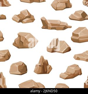 Nahtloses Muster aus braunen Felssteinen und Felsbrocken, Vektorhintergrund mit Schutt und Kopfsteinpflaster. Cartoon-Steine oder Bergschutt von Trümmern, Kieselsteinen und rissenen Kies Muster Stock Vektor