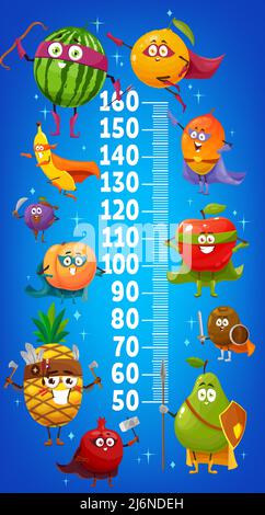 Kinder Höhe Chart, Cartoon Früchte Superhelden Zeichen Wachstumsmeter. Vektor Wandaufkleber mit Wassermelone, Orange, Mango und Apfel, Kiwi, Birne, Granat und Ananas. Pfirsich-, Pflaumen- und Bananenpersönigkeiten Stock Vektor