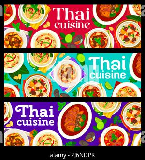 Thai Küche Essen Banner, Thailand Küche Menü mit asiatischen Nudeln, Vektor. Thailändische und Bangkok-Gerichte zum Mittagessen mit Hühnchen, Reis in der Sauce, authentische Restaurantgerichte mit Ente, Lamm und Schweinefleisch Stock Vektor