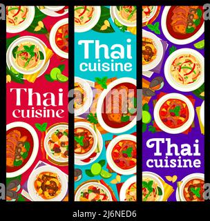 Thai Küche Essen Banner, Thailand Gerichte und Mahlzeiten des Restaurants, Vektor. Thailändische Küche mit einem Angebot an verschiedenen Gerichten wie Chicken und Reis oder Nudeln, asiatisches Abendessen und Mittagessen in der Küche von Bangkok Stock Vektor