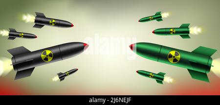 Vektordarstellung des Konzepts „nuklearer Konflikt“. Schwarze und grüne Atombomben fliegen in Richtung der anderen auf einem giftigen roten bewölkten Himmel Hintergrund. Stock Vektor