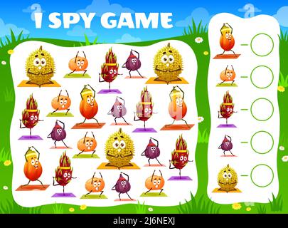Kids i Spion Spiel Arbeitsblatt mit Cartoon-Frucht-Figuren in Yoga-Posen. Kinder Mathematik Rätsel mit Objekten suchen und Zählen Aufgabe, Kind Kindergarten Spiele Vektor-Seite. Kinder pädagogische Quiz Puzzle Stock Vektor