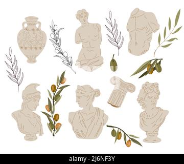 Satz von antiken griechischen und römischen Marmorskulpturen und Olivenbaumbästen, flache Vektorgrafik isoliert auf weißem Hintergrund. Altgriechisch oder Roma Stock Vektor
