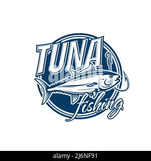 Thunfisch-Vektor-Symbol für Atlantischen Roten Fisch, Gelbflossen-, Skipjack- oder Albacore-Thunfisch mit Angelsporthaken. Isoliertes rundes Symboldesign mit Salzwasserfischen und Angler oder Angler-Tackle Stock Vektor