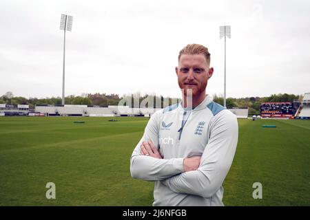 Ben Stokes, Testkapitän der englischen Männer, während einer Fotoanfange auf dem Riverside Ground, Chester-le-Street, County Durham. Bilddatum: Dienstag, 3. Mai 2022. Stockfoto