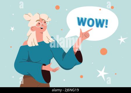 Junge blonde lächelnde Frau zeigt einen Finger auf Sprechblase mit Wow-Text. Happy teen Mädchen mit positiven Gesichtsausdruck und zeigende Hand Geste flache Vektor-Illustration auf blauem Hintergrund. Stock Vektor