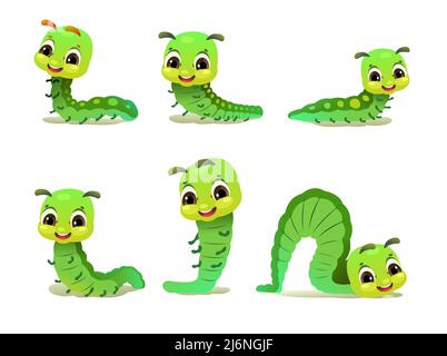Set von Caterpillar. Wildlife Objekt. Kleines witziges Insekt. Cute Cartoon-Stil. Isoliert auf weißem Hintergrund. Vektor. Stock Vektor