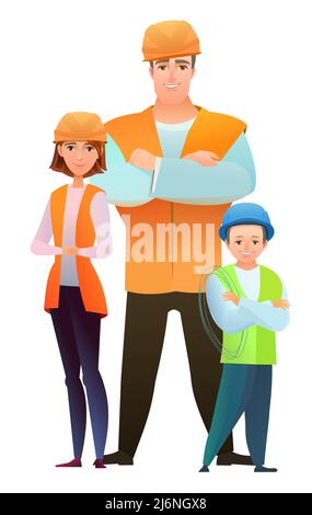 Mann und Frau und Kind Sohn Baumeister in Weste und Schutzhelm. Fröhliche Person. Stehende Pose. Flaches Design im Comic-Stil. Ein Zeichen. Stock Vektor