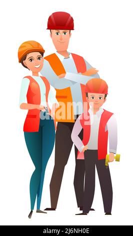 Mann und Frau und Kind Sohn Baumeister in Weste und Schutzhelm. Fröhliche Person. Stehende Pose. Cartoon Comic-Stil flach. Ein Zeichen. Illustre Stock Vektor