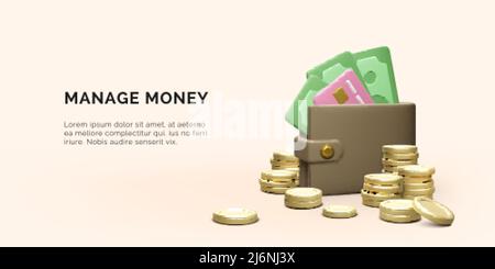 3D Brieftasche mit Papierwährung und Kreditkartenstapel mit Goldmünzen. Realistisches Cartoon-Business-Banner. Geldmanagement. Vektorgrafik Stock Vektor