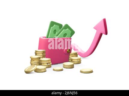 3D Brieftasche mit Geld und Pfeil nach oben. Finanzmanagement und Geschäftserfolg. Geld verdienen. Vektorgrafik Stock Vektor