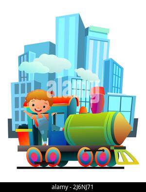 Lokomotive fährt auf der Eisenbahn. Junge, die fahren. Große, moderne Stadt. Illustration im Cartoon-Stil. Niedliches Kinderchen. Isoliert auf weißem Hintergrund. Vektor. Stock Vektor