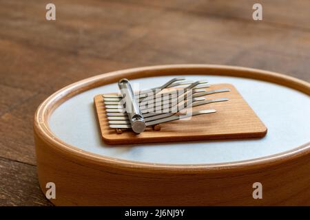 Einfaches afrikanisches Musikinstrument Sansula oder Mbira. Daumenklavier – Nahaufnahme der Zinken Stockfoto