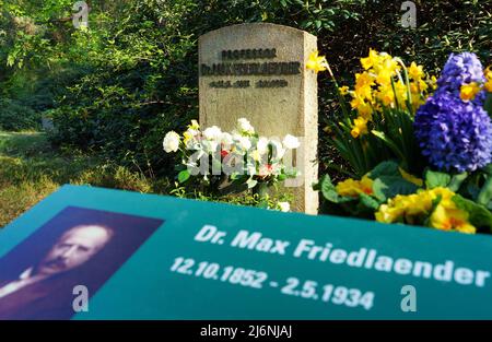 02. Mai 2022, Brandenburg, Stahnsdorf: Blumen stehen vor dem Denkmal für den Musikwissenschaftler Max Friedlaender im südwestlichen Kirchhof vor einem Stein, der hinter einer erklärenden Gedenktafel mit der Aufschrift „Professor Dr. Max Friedlaender“ beschriftet ist. Foto: Soeren Sache/dpa Stockfoto