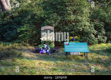 02. Mai 2022, Brandenburg, Stahnsdorf: Blumen stehen vor dem Denkmal für den Musikwissenschaftler Max Friedlaender im südwestlichen Kirchhof vor einem Stein, der hinter einer erklärenden Gedenktafel mit der Aufschrift „Professor Dr. Max Friedlaender“ beschriftet ist. Foto: Soeren Sache/dpa Stockfoto