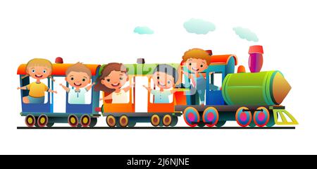 Lokomotive fährt auf der Eisenbahn. Lustige Kinder. Illustration im Cartoon-Stil. Bunte Wagen. Niedliches Kinderchen. Isoliert auf weißem Hintergrund. Vektor. Stock Vektor