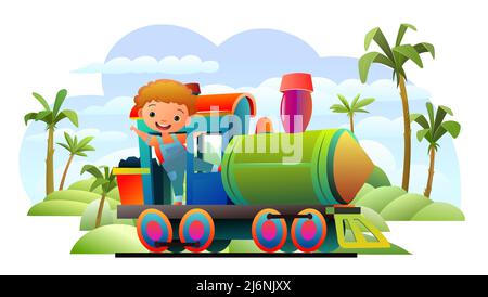 Lokomotive fährt auf der Eisenbahn. Illustration im Cartoon-Stil. Junge, die fahren. Niedliches Kinderchen. Isoliert auf weißem Hintergrund. Vektor. Stock Vektor