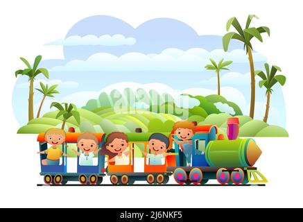 Lokomotive fährt auf der Eisenbahn. Lustige Kinder. Bunte Wagen. Tropische Landschaft mit Palmen. Illustration im Cartoon-Stil. Niedliches Kinderchen. Isoliert Stock Vektor