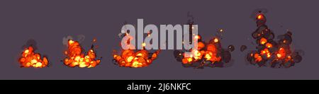 Cartoon Dynamit oder Bombe Explosion Feuer Animation Sprite Blatt, Sequenz Rahmen. Boom Wolken und Rauch-Elemente für ui-Spiel. Gefährliche explosive Detonation, Atomcomics Detonatoren isoliert Vektor-Set Stock Vektor