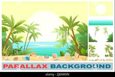 Strand am Meer. Für Parallaxeneffekt eingestellt. Sommerlandschaft. Weit weg ist der Ozeanhorizont. Ruhiges Wetter. Dschungelpalmen. Muscheln und Muscheln aus nächster Nähe. Fla Stock Vektor