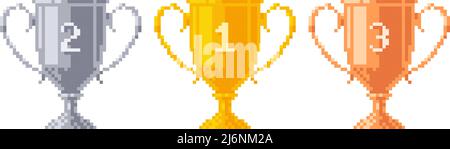 Pokale mit Pixeltrophäen. Vektorgrafik. Stock Vektor