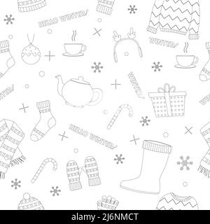 Schöne Winterkleidung Set, tolles Design für jeden Zweck. Flache Vektorgrafik. Nahtloses Muster. Farbbuch. Stock Vektor