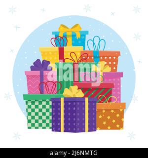 Großer Stapel von bunt verpackten Geschenkschachteln. Kollektion für Geburtstag, Weihnachten Stock Vektor