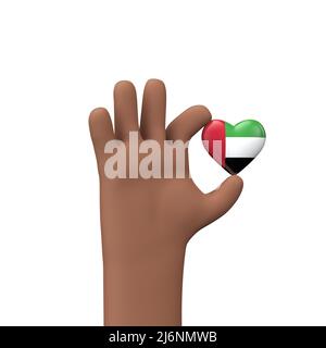 Hand mit Herz der flagge der vereinigten arabischen emirate. Gemeinschaftskonzept. 3D Rendering Stockfoto