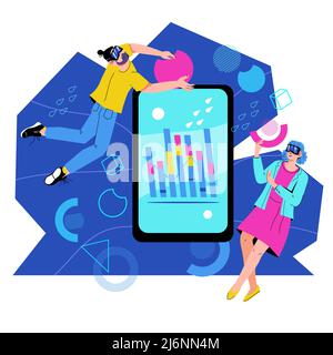 Metaverse oder Virtual Reality-Technologie für Geschäftsprozesse und Workflows. Mann und Frau in VR-Digitalbrillen interagieren in Augmented Reality oder Met Stock Vektor