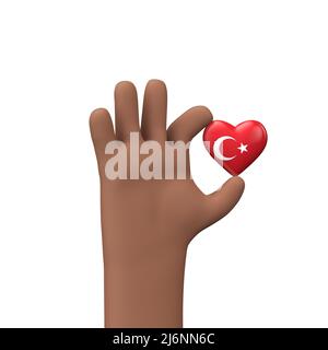 Hand hält ein herz der türkei-Flagge. Gemeinschaftskonzept. 3D Rendering Stockfoto